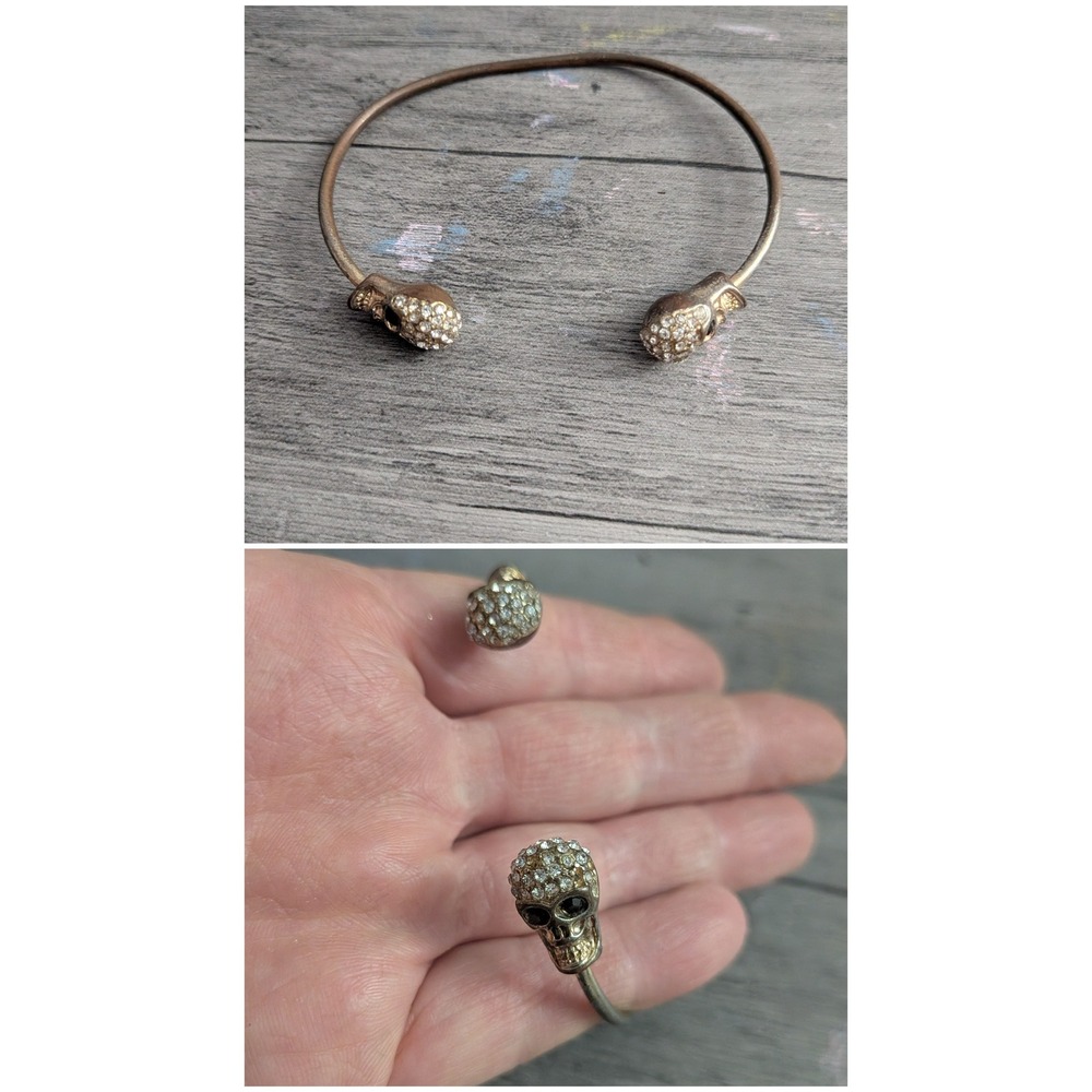 Gold Tone Rhinestone Skull Cuff Bracelet Gothic Punk Bangle Jewelry